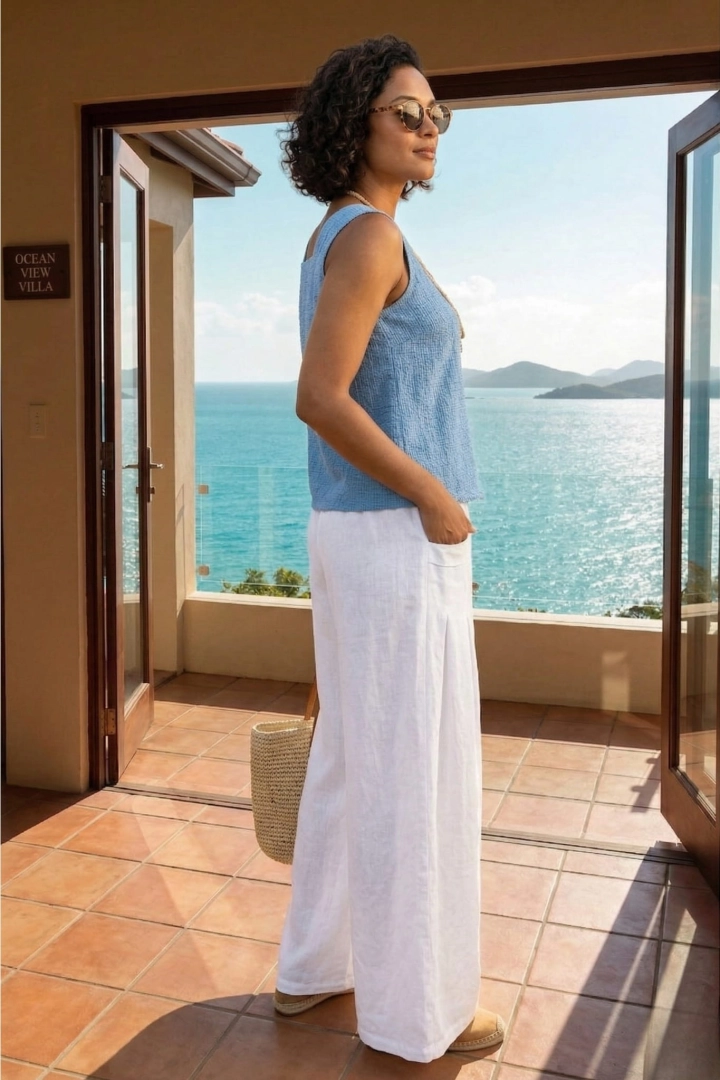 Lniane spodnie palazzo z zakładkami przy kieszonkach Barbona białe