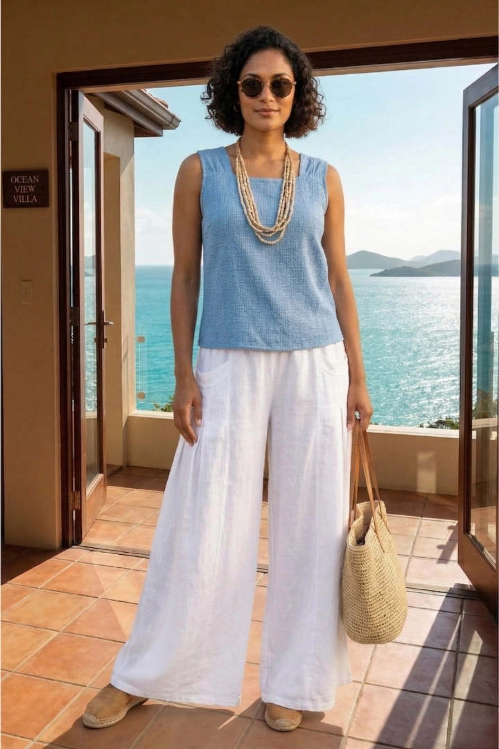 Lniane spodnie palazzo Barbona z zakładkami przy kieszonkach w kolorze białym