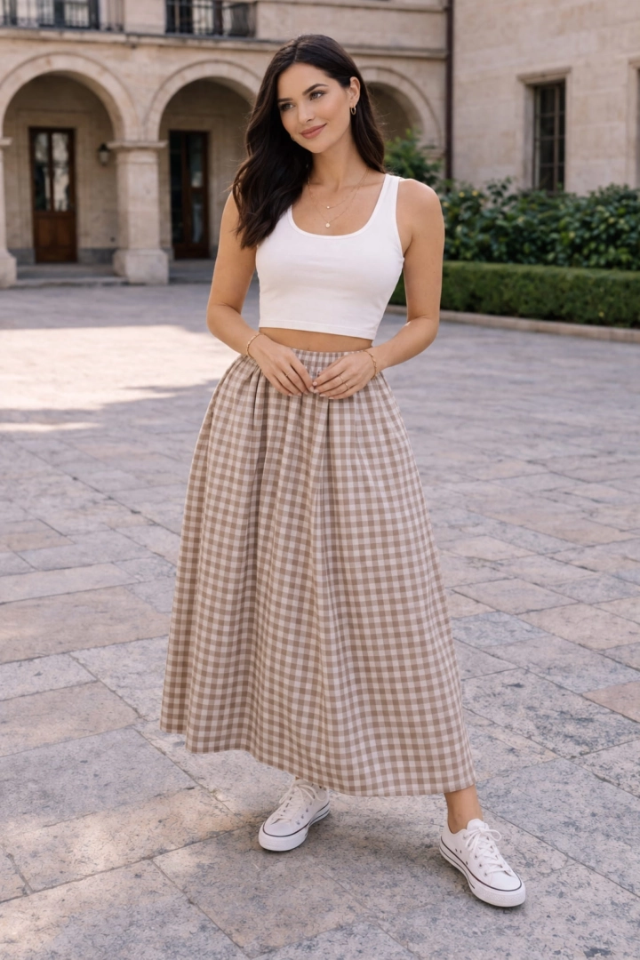 Spódnica bombka w krateczkę maxi Ragogna fango zakładki gumka w pasie kieszenie