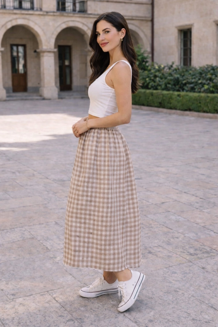 Spódnica maxi Ragogna fango bombka w krateczkę zakładki gumka kieszenie