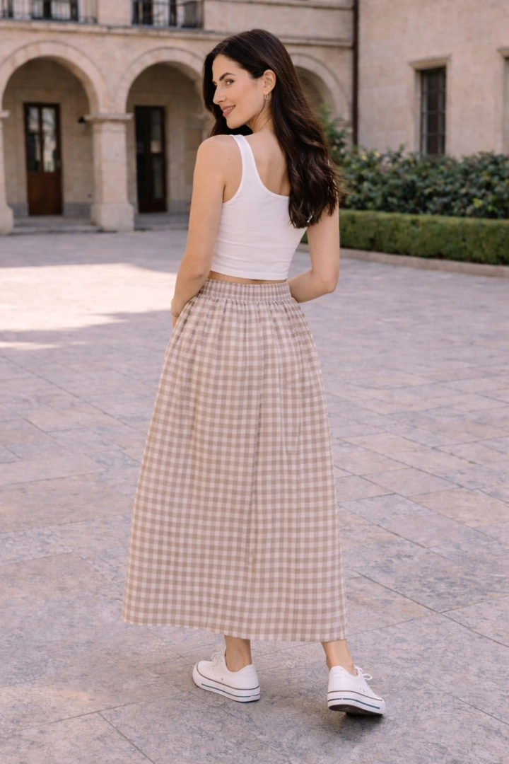 Spódnica bombka maxi Ragogna fango w krateczkę z zakładkami gumka w pasie kieszenie