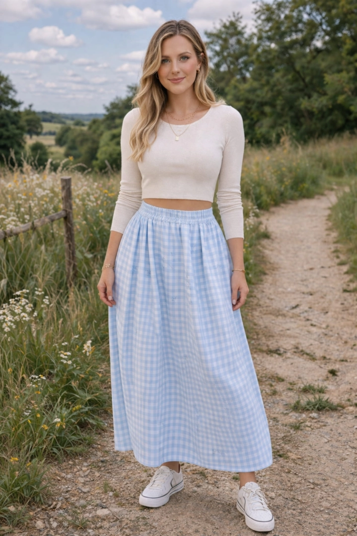 Spódnica maxi bombka w krateczkę z zakładkami na gumce i kieszeniami Ragogna błękitna