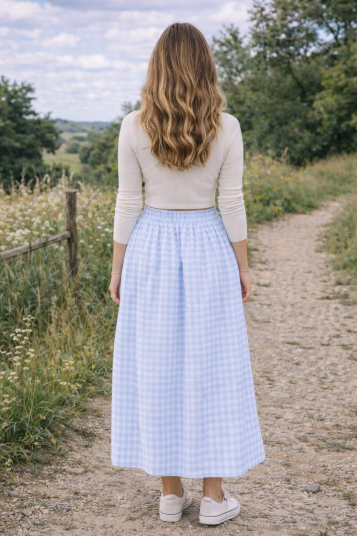 Spódnica maxi Ragogna błękitna bombka w krateczkę zakładki gumka kieszenie