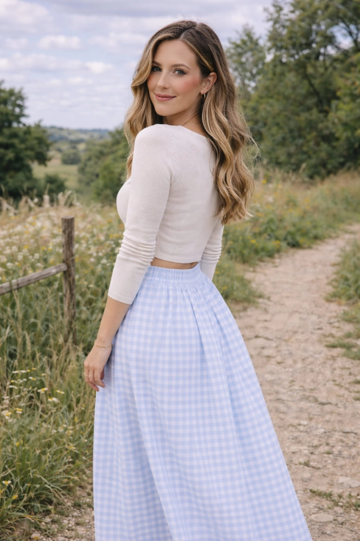 Spódnica w krateczkę maxi bombka Ragogna błękitna z zakładkami i kieszeniami na gumce