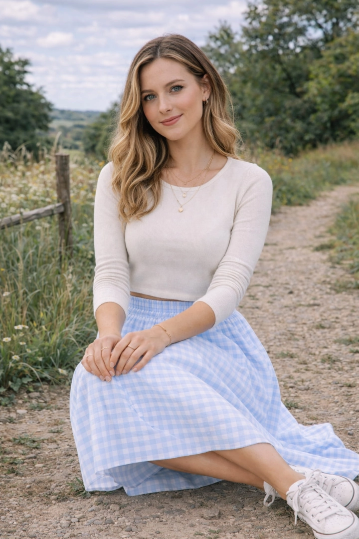 Spódnica bombka maxi Ragogna błękitna w krateczkę z zakładkami gumka w pasie kieszenie