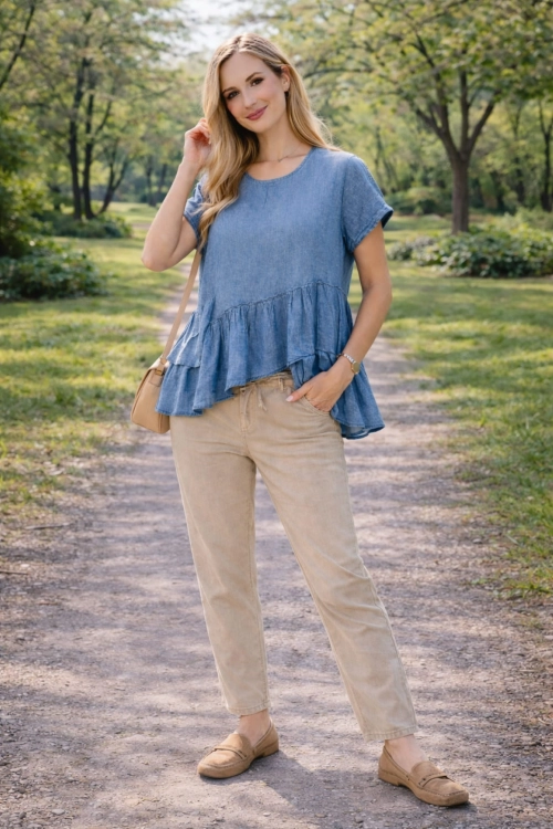 Bluzka lniana denim blue Venturina oversize z falbankami krótkim rękawem kimono i okrągłym dekoltem