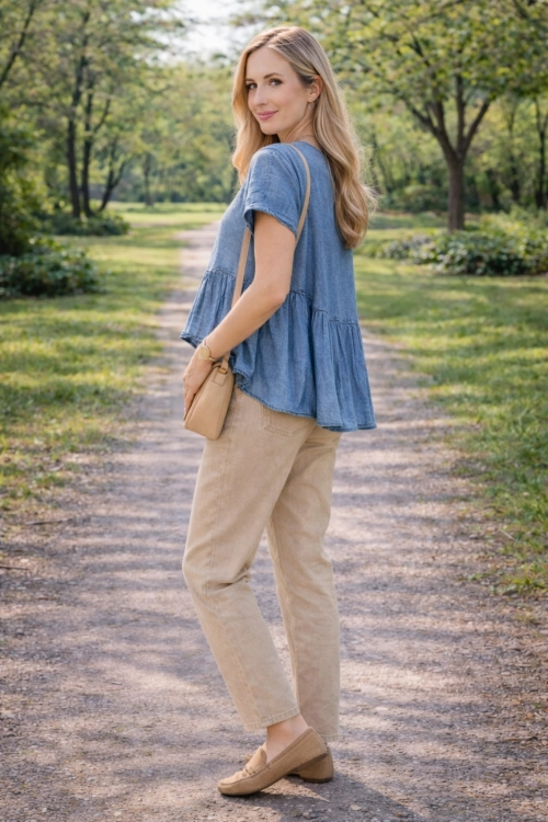 Bluzka damska lniana denim blue Venturina oversize falbanki krótki rękaw kimono dekolt okrągły