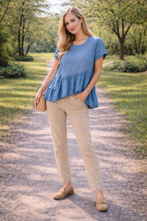 Bluzka Venturina denim blue lniana oversize falbanki krótki rękaw kimono dekolt okrągły