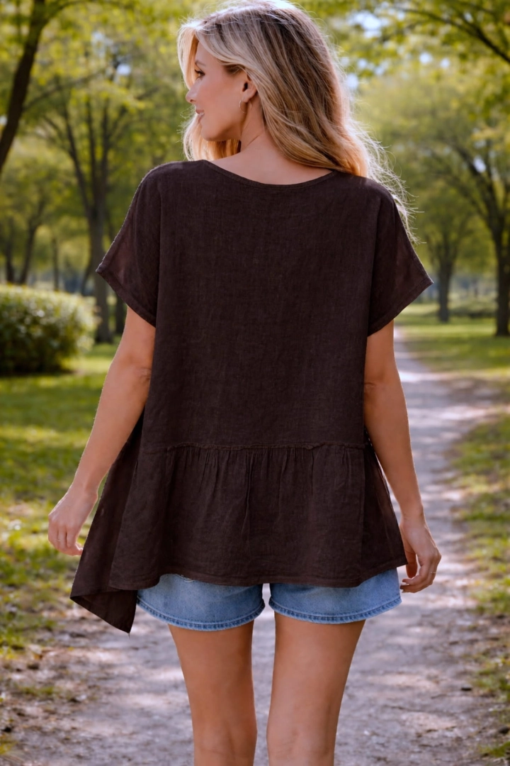 Bluzka Venturina brązowa lniana oversize falbanki krótki rękaw kimono dekolt okrągły