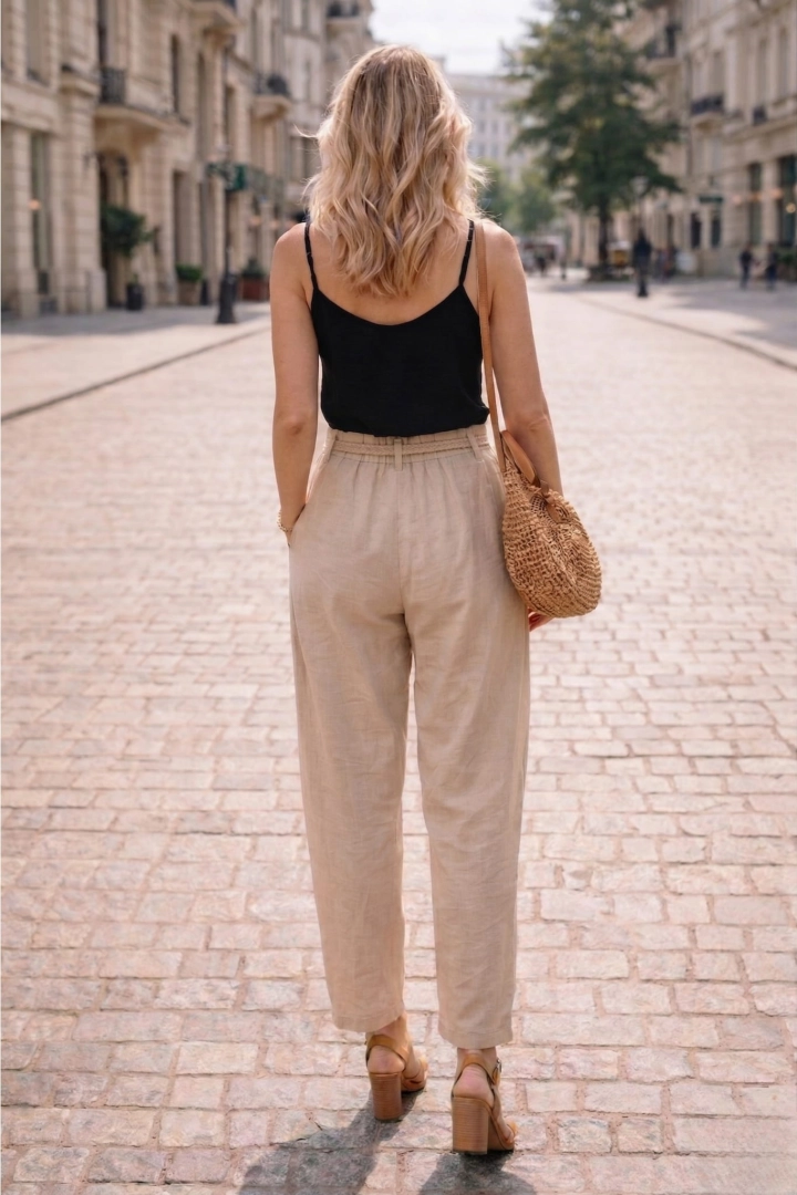 Spodnie chinosy Folgarida damskie beżowe ortalionowe z kieszeniami i ozdobnymi detalami