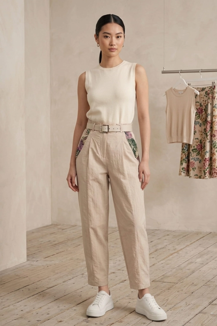 Beżowe spodnie chinosy damskie Folgarida z kieszeniami i gumką w pasie z materiału ortalionowego