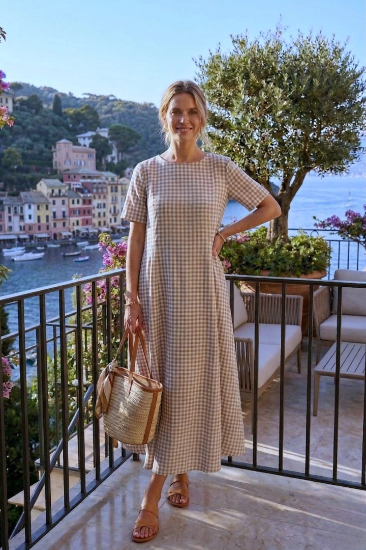 Fango sukienka midi oversize w krateczkę gingham plus size z kieszeniami krótkim rękawem i okrągłym dekoltem Cizzago