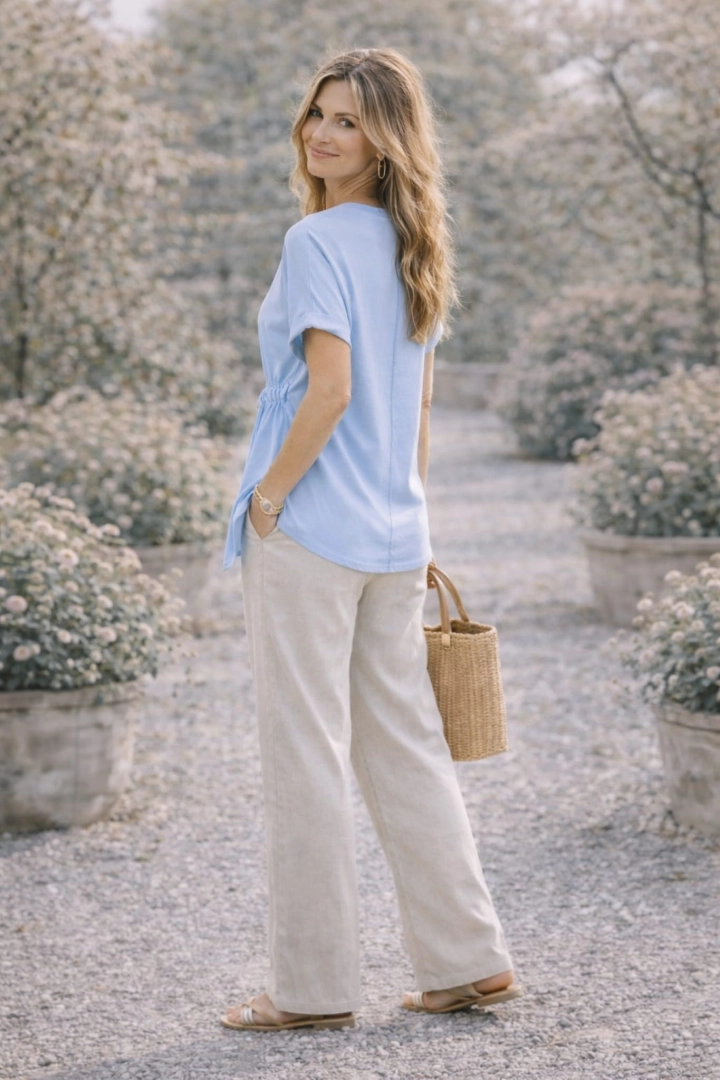 Błękitna tunika asymetryczna oversize plus size z marszczeniem na przodzie krótki rękaw okrągły dekolt Berzigala