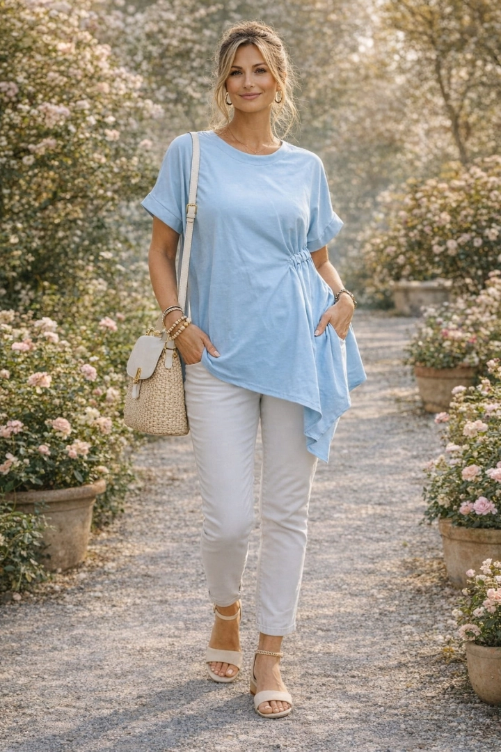 Tunika asymetryczna oversize z marszczeniem na przodzie bluzka plus size krótki rękaw okrągły dekolt Berzigala błękitna