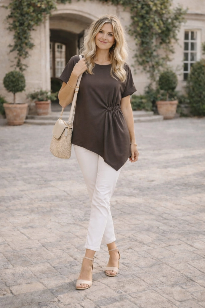 Tunika asymetryczna oversize z marszczeniem na przodzie bluzka plus size z krótkim rękawem i okrągłym dekoltem Berzigala brązowa