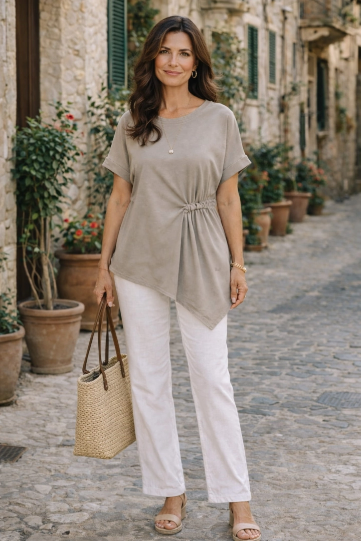 Tunika asymetryczna oversize z marszczeniem na przodzie bluzka plus size z krótkim rękawem i okrągłym dekoltem Berzigala ciemnobeżowa