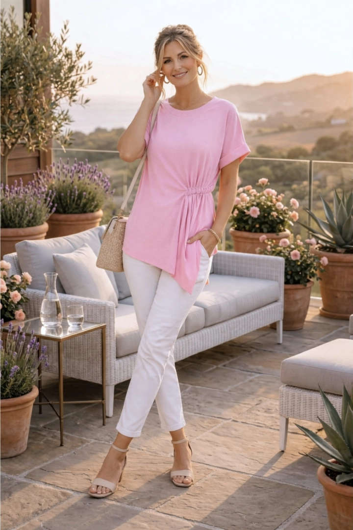 Tunika asymetryczna oversize z marszczeniem na przodzie bluzka plus size z krótkim rękawem i okrągłym dekoltem Berzigala różowa