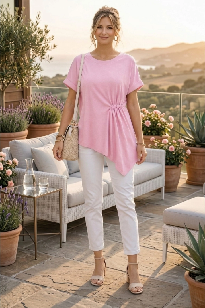 Tunika oversize różowa plus size z marszczeniem na przodzie asymetryczna krótki rękaw okrągły dekolt model Berzigala