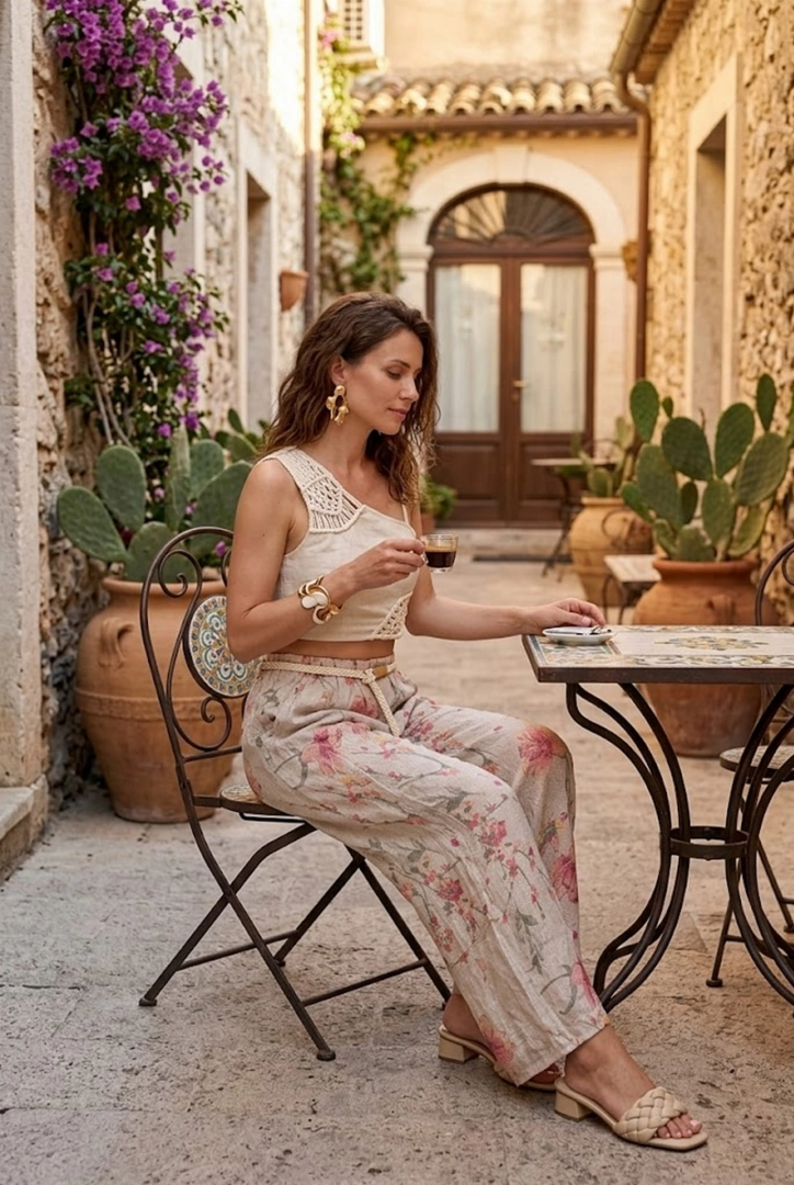 Beżowe spodnie palazzo Tavoleto lniane w kwiaty z wysokim stanem gumką w pasie szlufkami i przeszyciami