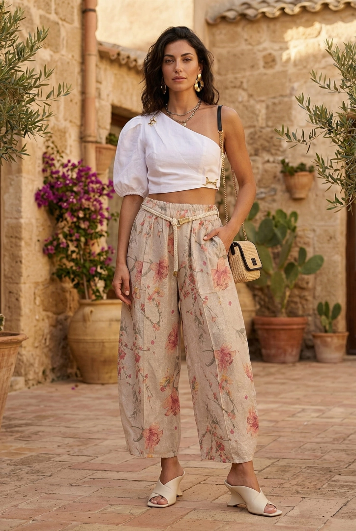Spodnie palazzo lniane  w kwiaty z gumką w pasie szlufkami wysokim stanem i przeszyciami Tavoleto beżowe