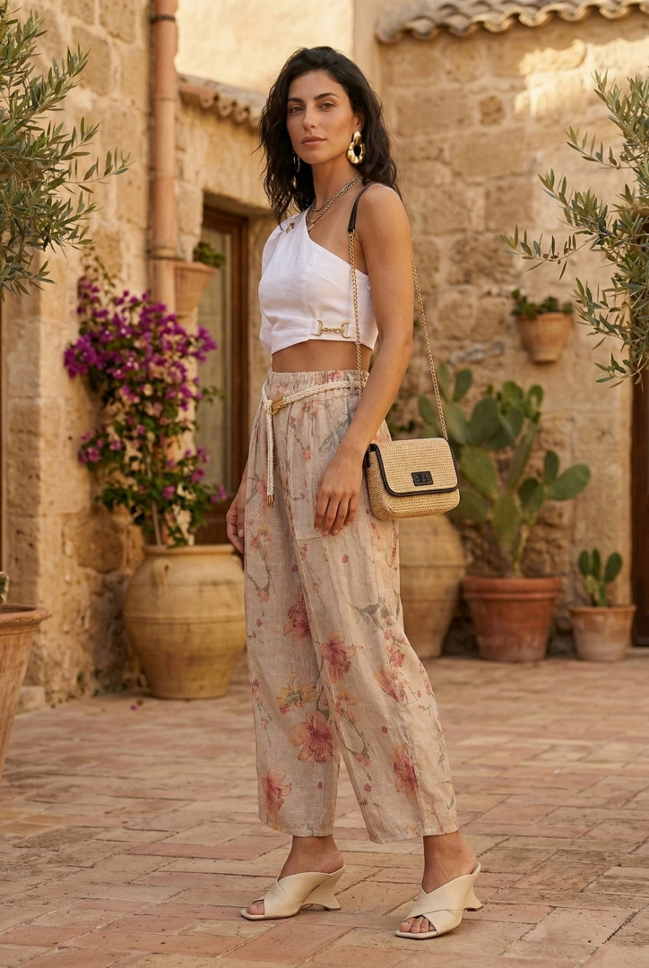 Spodnie palazzo lniane w kwiaty z gumką w pasie wysokim stanem szlufkami i przeszyciami Tavoleto beżowe