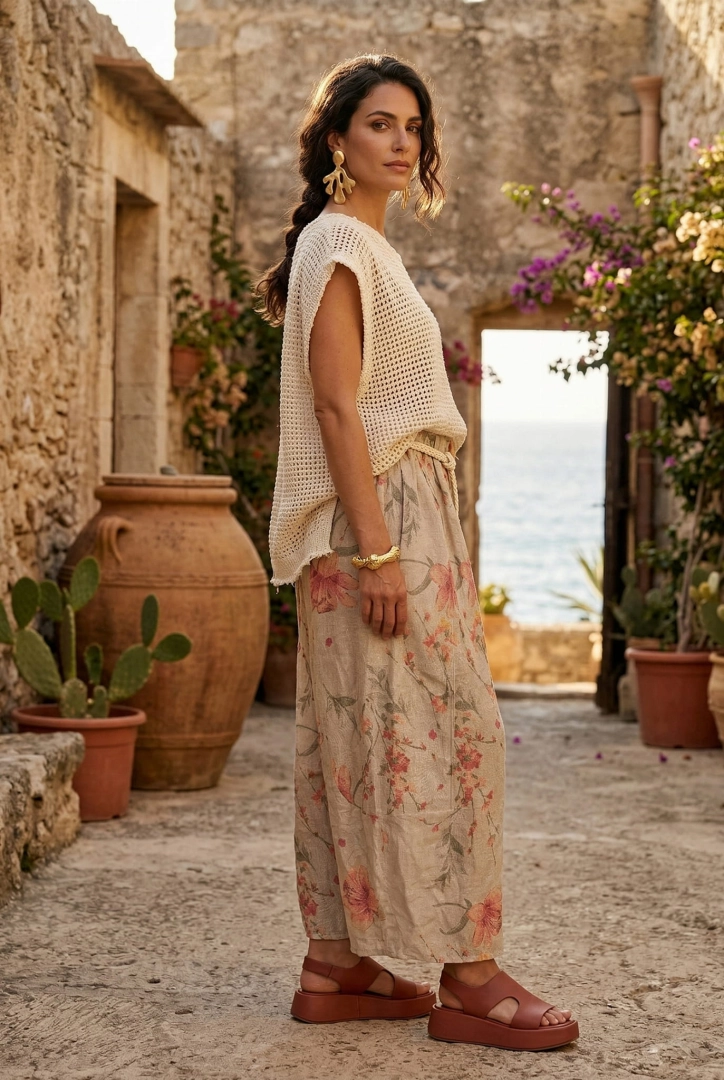 Beżowe lniane spodnie palazzo w kwiaty z gumką w pasie wysokim stanem szlufkami i przeszyciami Tavoleto