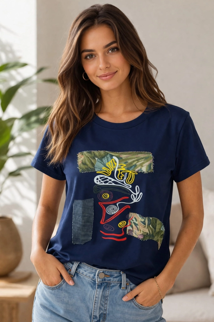 Granatowy t shirt damski z abstrakcyjnym wzorem i naszywkami styl włoski  Siderno