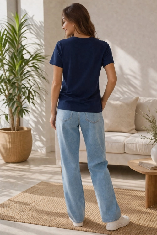 Bluzka damska  Siderno granatowa z printem abstrakcyjnym i detalami materiałowymi casual chic