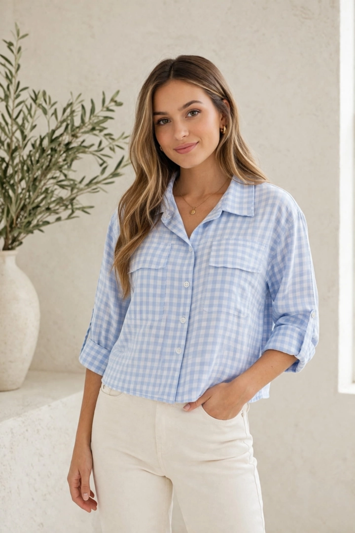 Koszula damska oversize w krateczkę z kołnierzykiem długim podpinanym rękawem zapinana na guziki z kieszeniami Arsizia błękitna