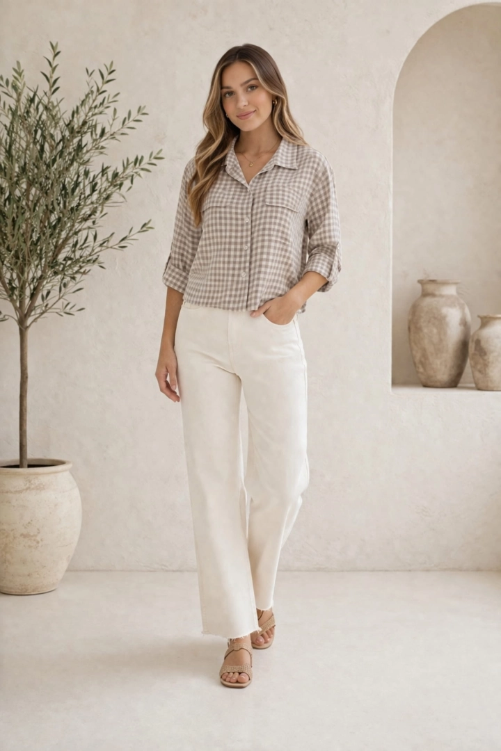 Koszula Arsizia fango damska krata oversize z kołnierzykiem i kieszeniami Antaresa