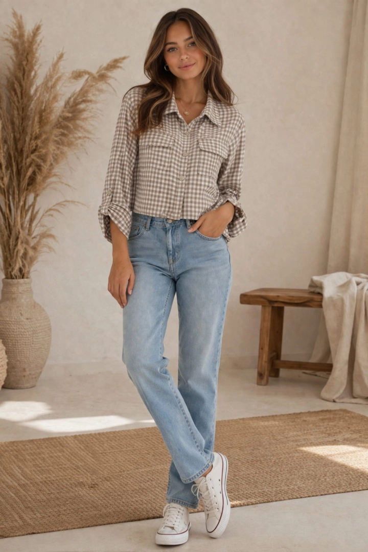 Arsizia koszula damska fango oversize w kratkę z kołnierzykiem i guzikami casual premium