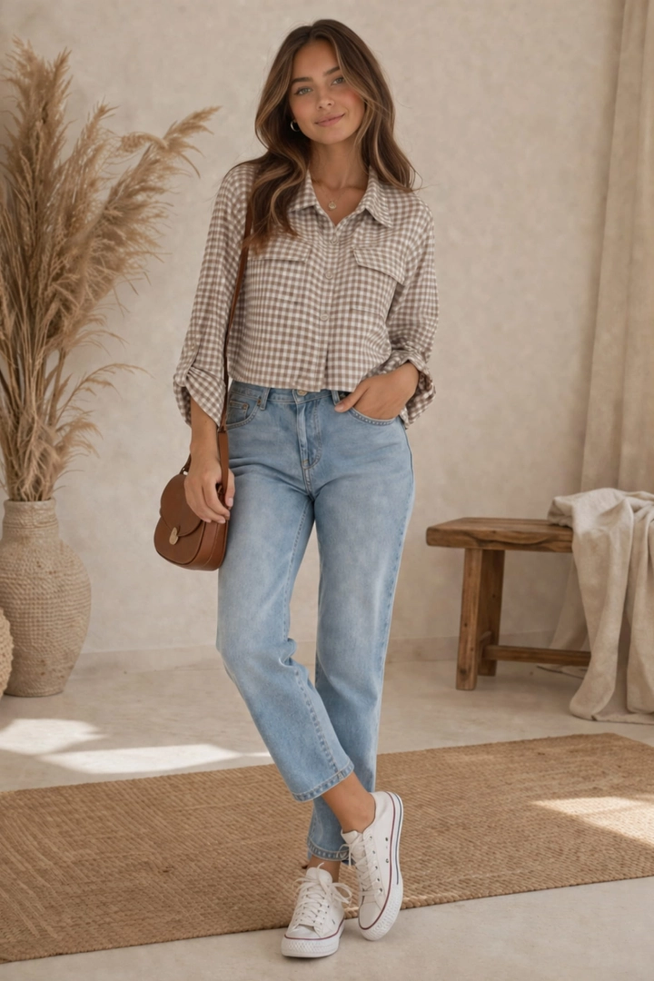 Koszula Arsizia fango damska oversize w kratę z kieszeniami i podpinanym rękawem styl włoski