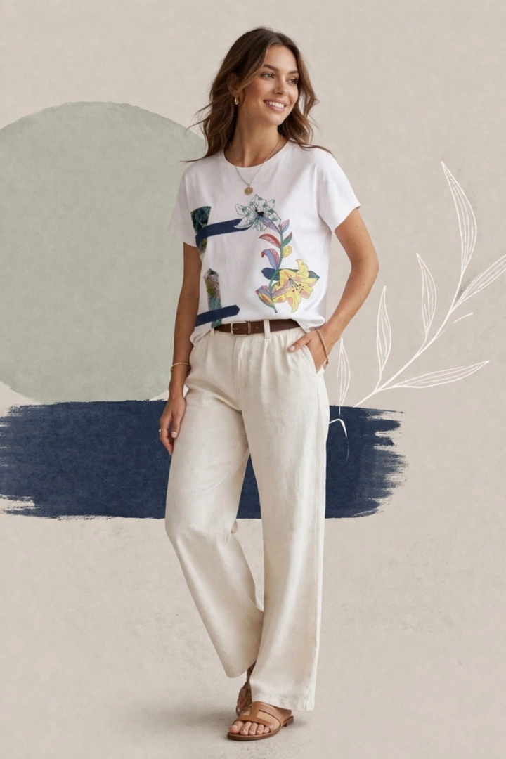 Bluzka damska biała oversize Langhirano t-shirt z krótkim rękawem i okrągłym dekoltem z ozdobnymi naszywkami i kwiatami