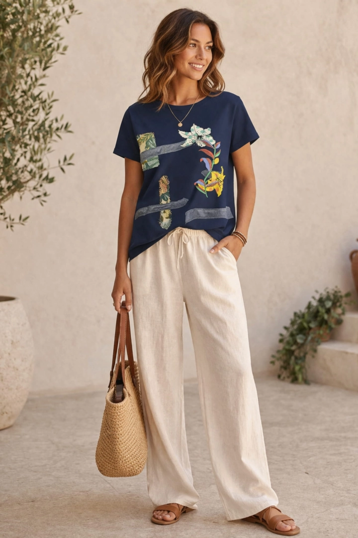 Bluzka damska oversize z krótkim rękawem i okrągłym dekoltem t-shirt z ozdobnymi naszywkami i kwiatami Langhirano granatowa