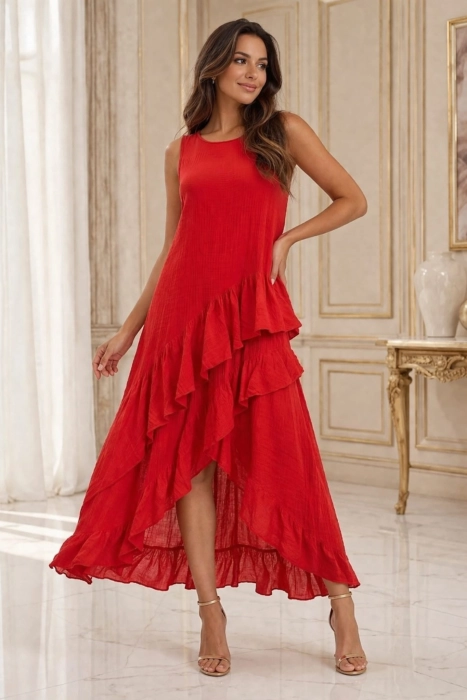 Sukienka midi asymetryczna Custonaci czerwona na szerokich ramiączkach z falbankami i okrągłym dekoltem kreszowana