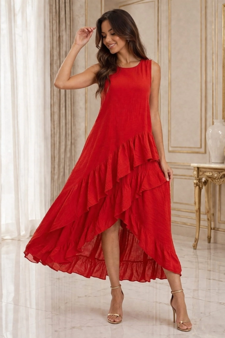 Sukienka midi czerwona asymetryczna Custonaci na szerokich ramiączkach z falbankami i okrągłym dekoltem kreszowana