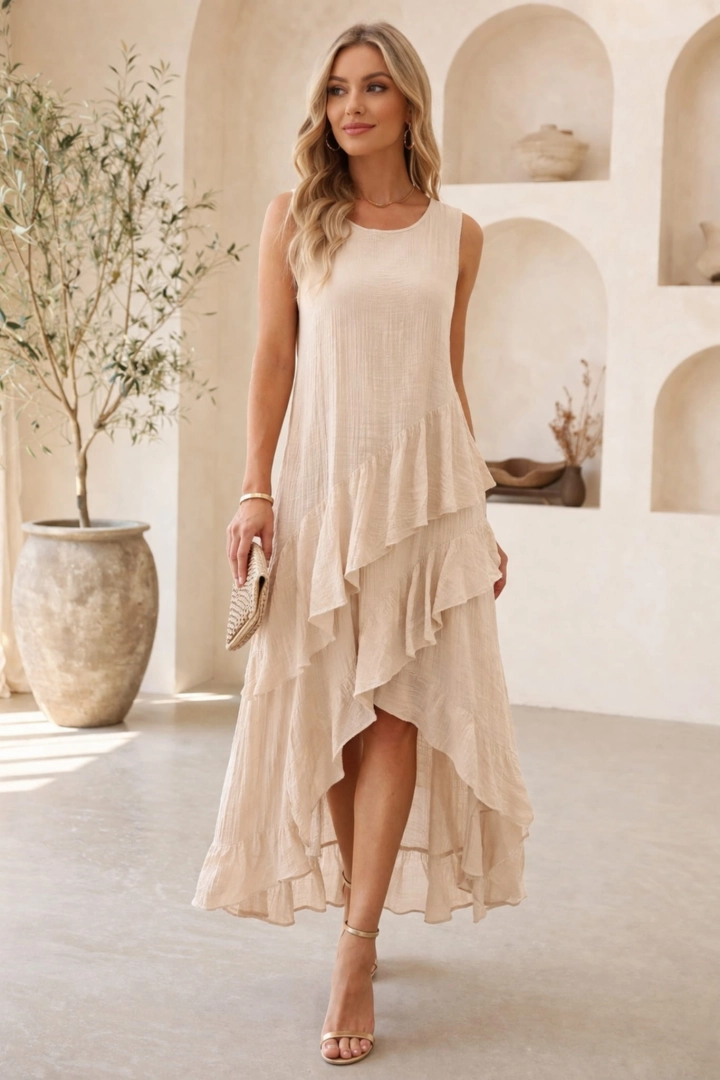 Sukienka midi jasno beżowa asymetryczna Custonaci na szerokich ramiączkach z falbankami i okrągłym dekoltem kreszowana