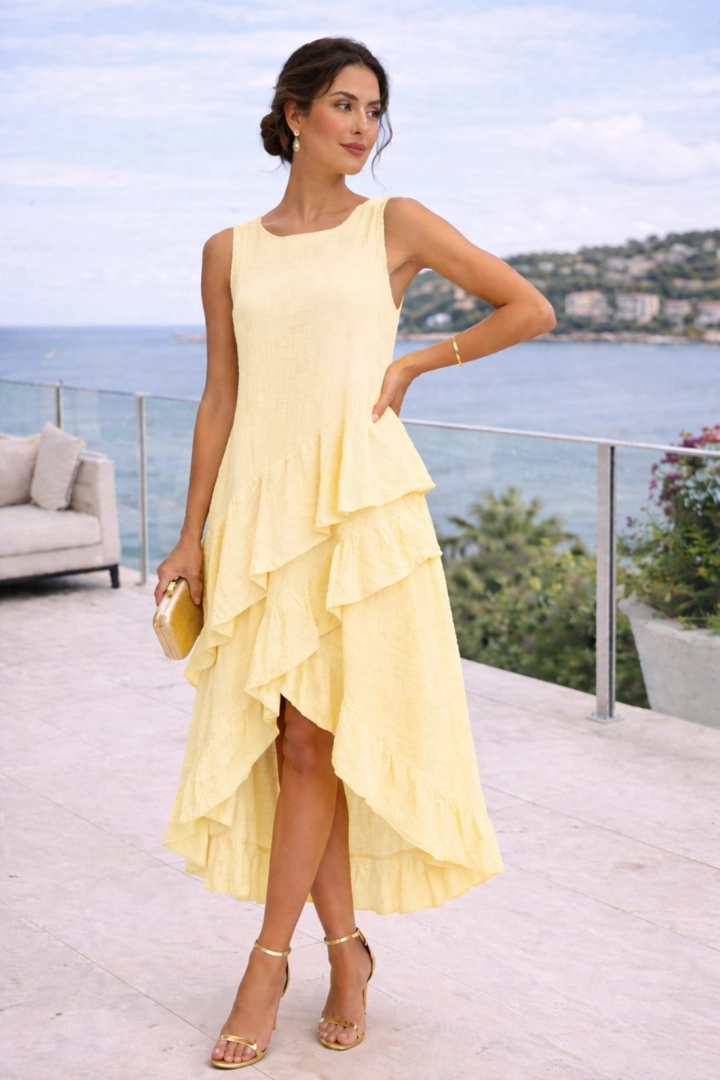 Sukienka midi asymetryczna gnieciona na szerokich ramiączkach z falbankami okrągłym dekoltem Custonaci pastelowa żółta