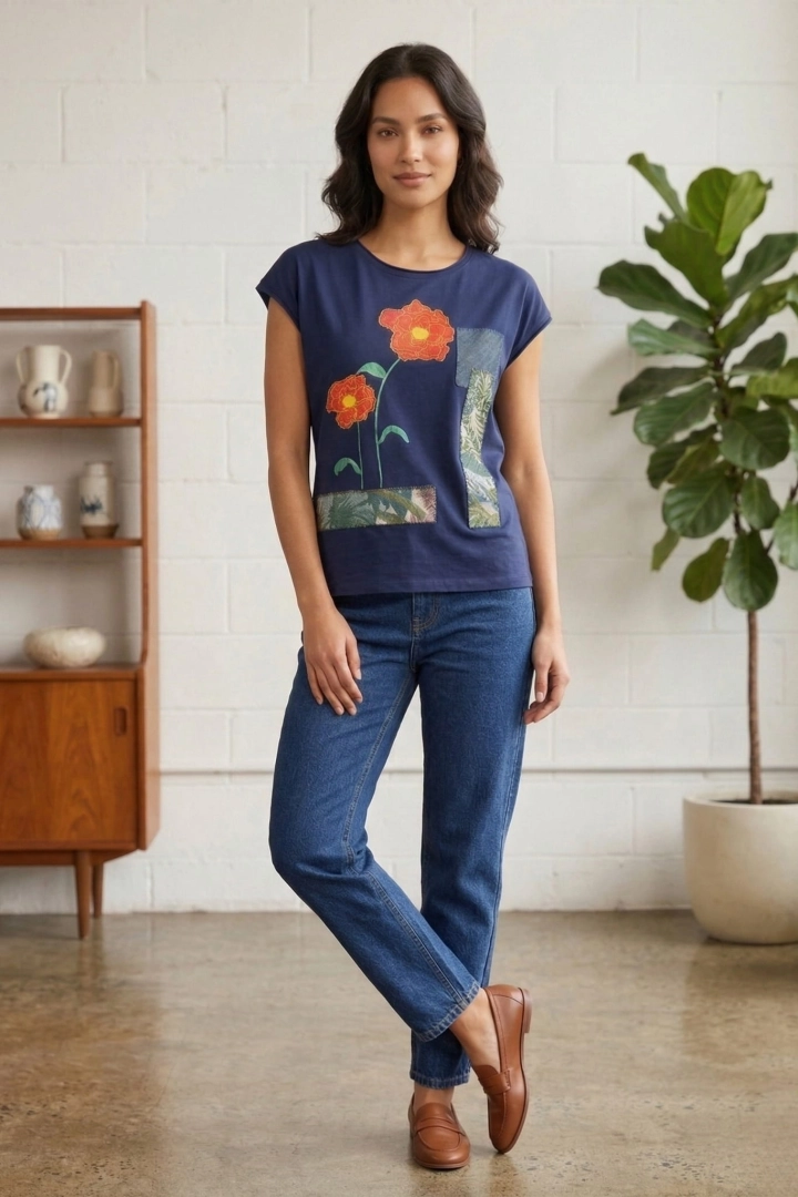 Bluzka z krótkim rękawem okrągłym dekoltem t-shirt z ozdobnymi naszywkami i nadrukiem z czerwonym kwiatem Belluno granatowa