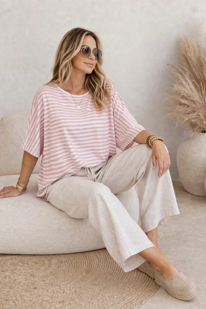 Bluzka damska w paski biała z pudrowym różowym oversize t-shirt z okrągłym dekoltem rękaw kimono Verona