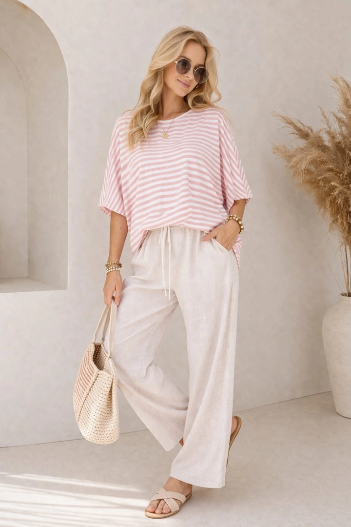 Bluzka damska oversize w paski z okrągłym dekoltem t-shirt z rękawem kimono Verona biała z pudrowym różowym