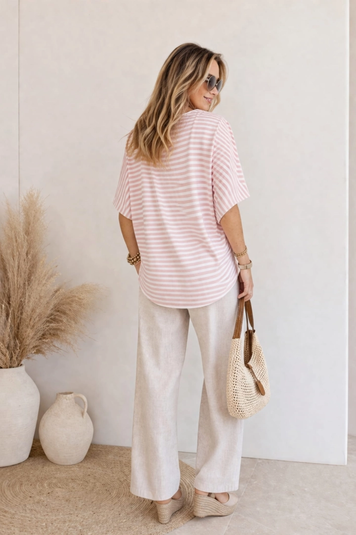 Biała bluzka damska Verona oversize w paski z okrągłym dekoltem t-shirt rękaw kimono z pudrowym różowym