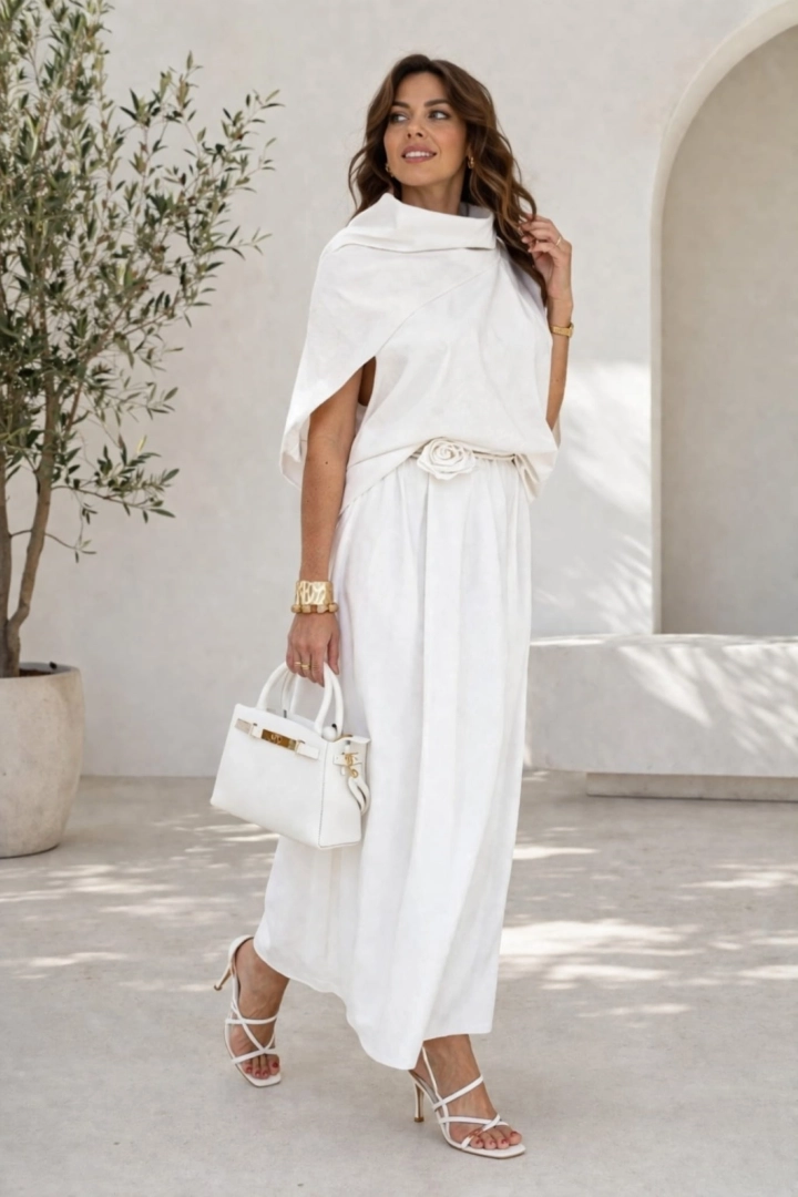 Spódnica maxi z zakładkami gumką w pasie i kieszeniami Buonconvento biała