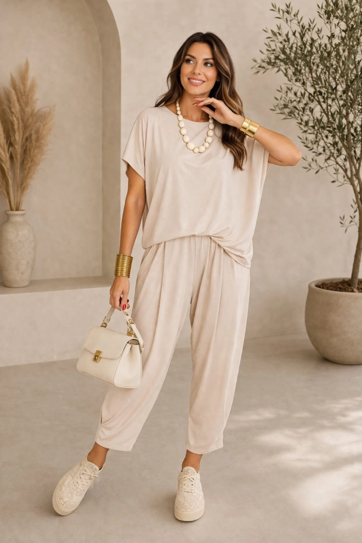 Spodnie balloon z wysokim stanem gumką w pasie troczkiem przeszyciami i marszczeniami Sefro beżowe