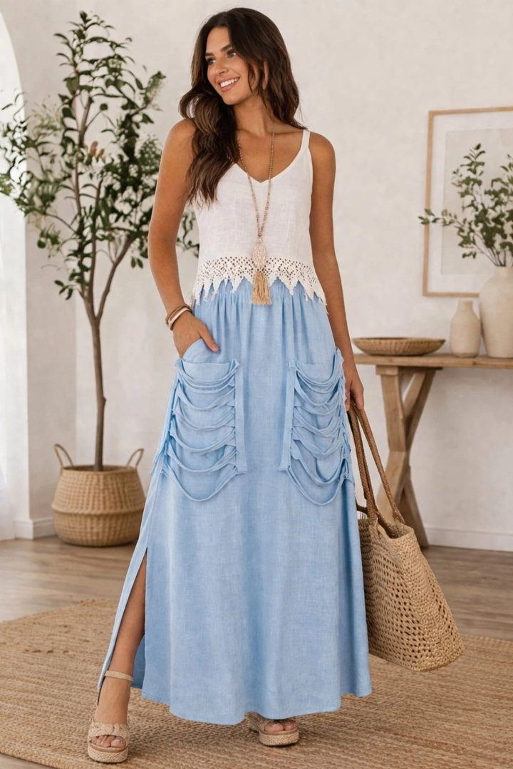 Spódnica Taisten błękitna lniana maxi na gumce z rozcięciem i ozdobnymi kieszeniami