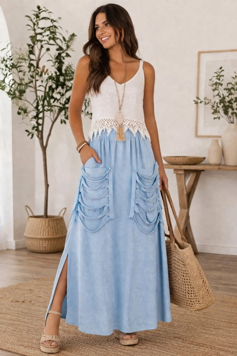 Spódnica Taisten błękitna lniana maxi na gumce z rozcięciem i ozdobnymi kieszeniami