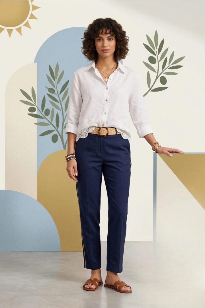 Koszula lniana damska Salsitana biała z długim rękawem i koronką styl boho