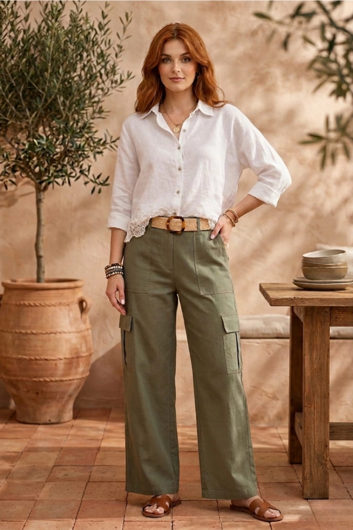 Biała lniana koszula damska Salsitana boho z kołnierzykiem i ozdobną koronką