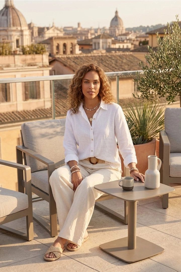 Lniana koszula Salsitana damska biała boho z kołnierzykiem i delikatną koronką