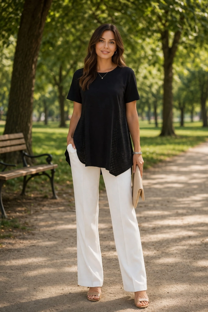 Czarna tunika Baraccona oversize asymetryczna bluzka damska z ażurowymi wstawkami krótkim rękawem i okrągłym dekoltem